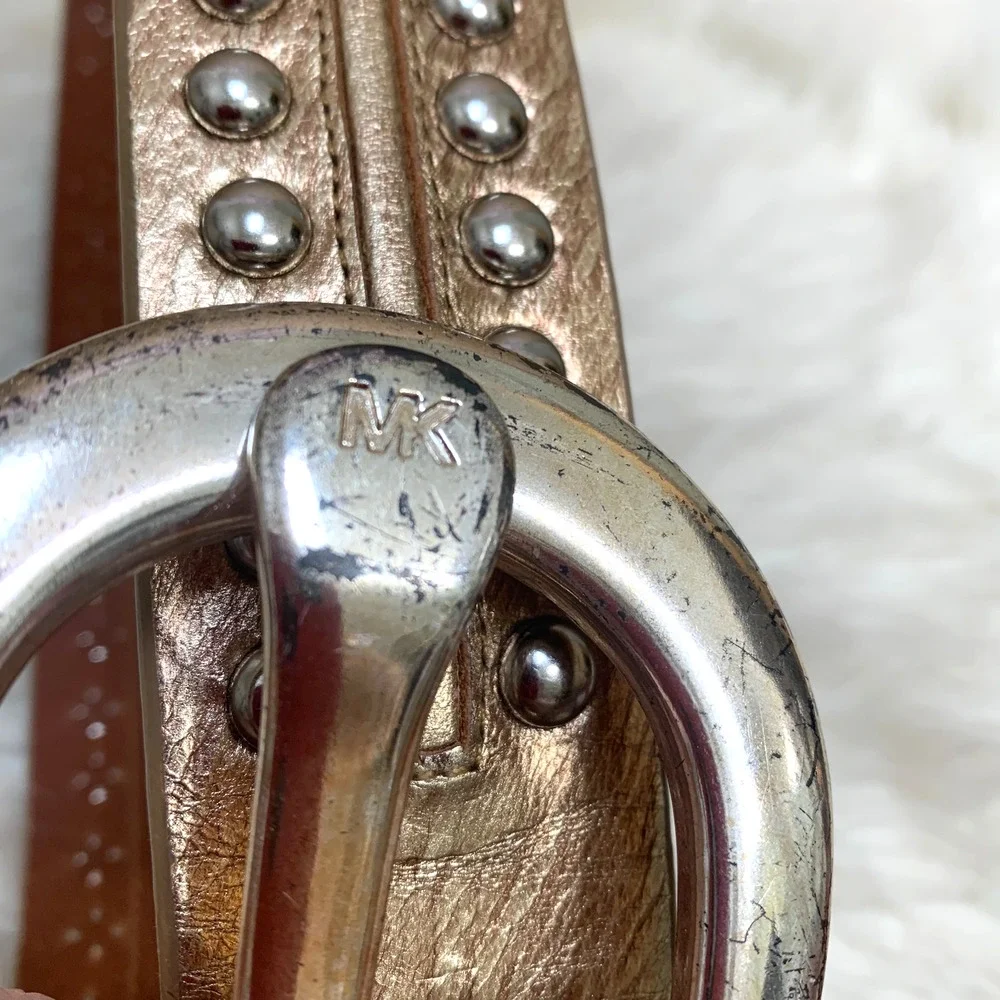 MICHAEL KORS Gold Leather Vintage Studded Belt Silver Buckle Sz SMALL